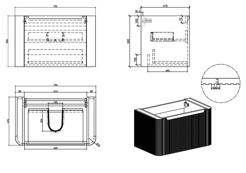 Eausulora onderkast afgeronde hoeken geribbeld met 1 lade 1 uitsparing 80 x 48 cm walnoot