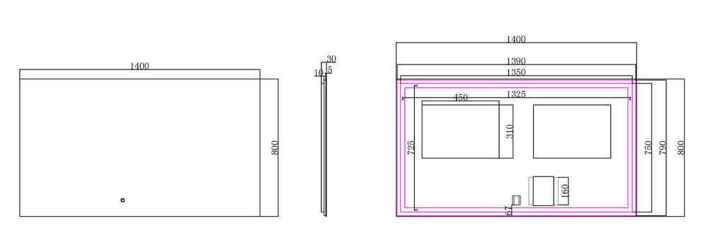 Eausoul spiegel rechthoek met led, dimbaar en spiegelverwarming 140 x 80 cm