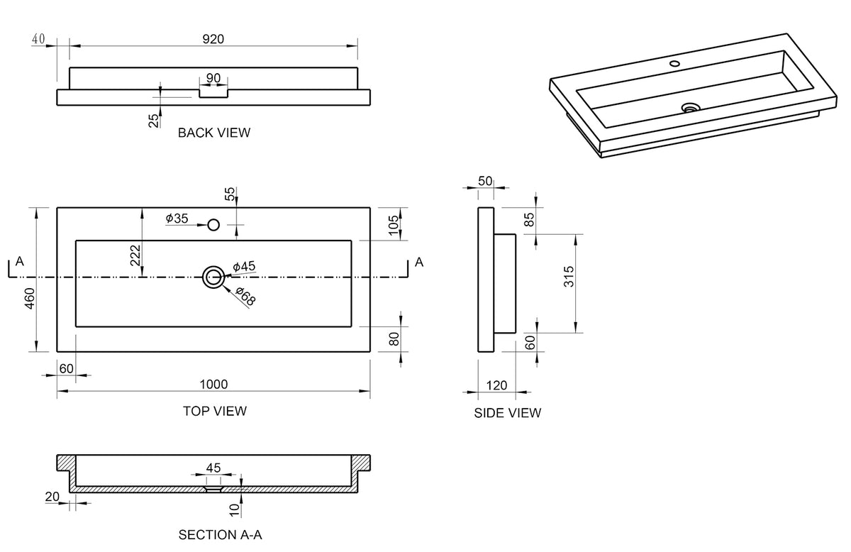 Eauraw wastafel enkel met 1 kraangat 100x46x5 cm hardsteen gezoet