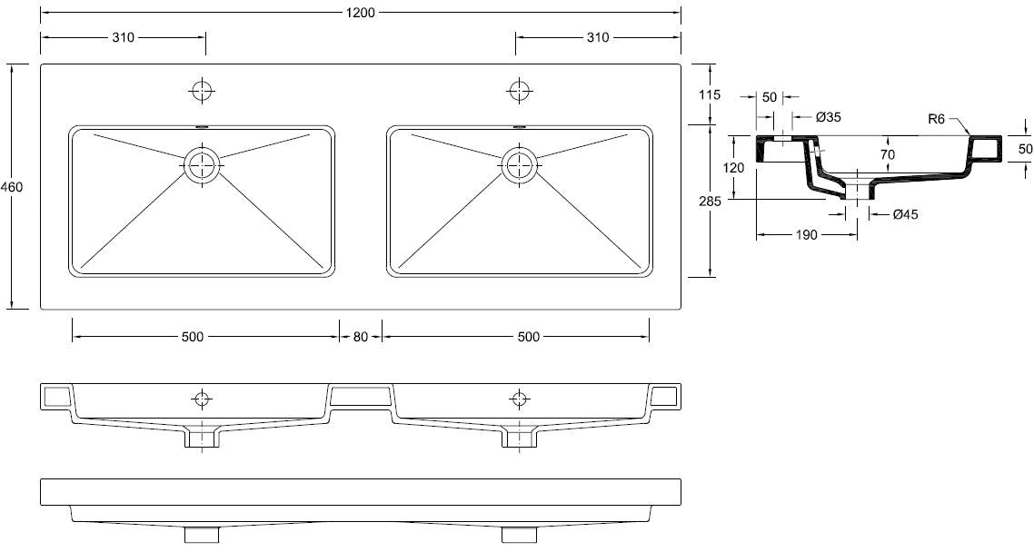 Eaukera wastafel dubbel met 2 kraangaten 120x46x5 cm keramiek glans wit