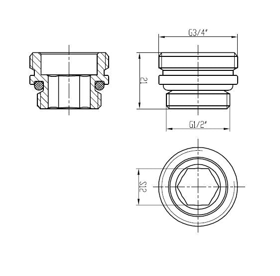 Eauadaptor midden onderaansluiting 3/4" x 1/2" chroom