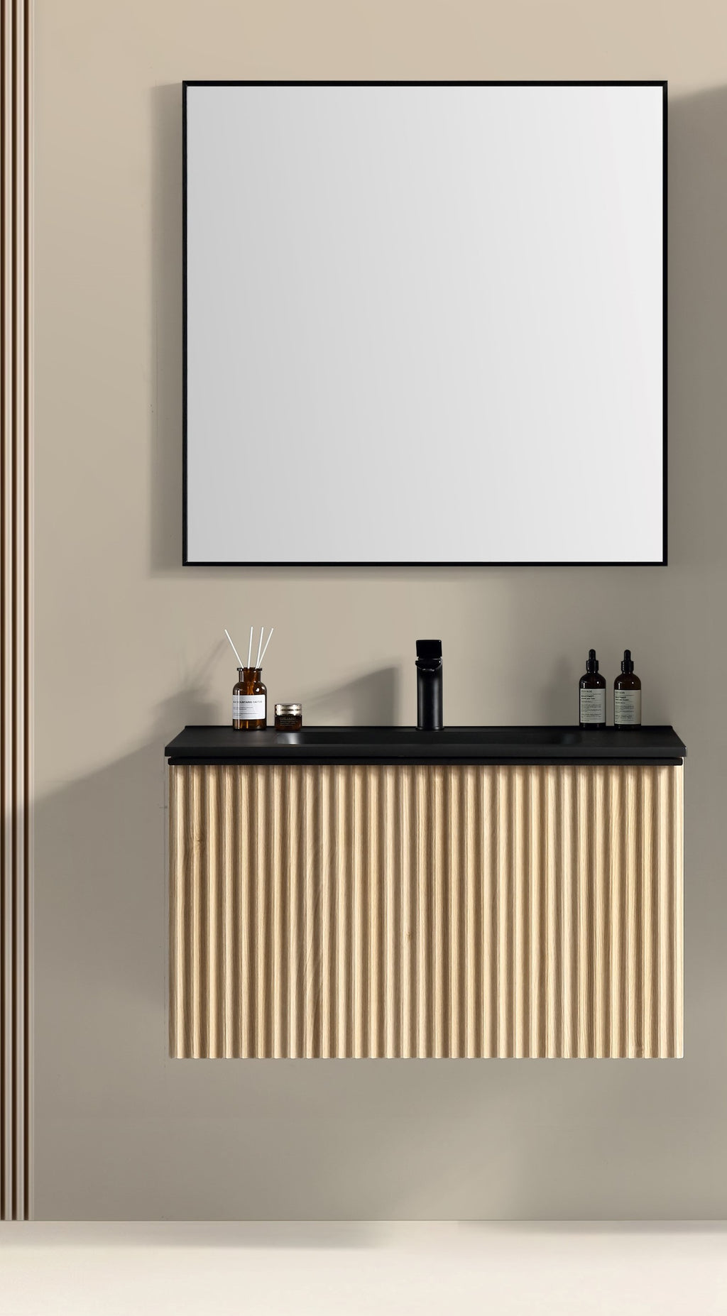 Eaubrunella onderkast + wastafel zwart + spiegel 80 cm - eiken