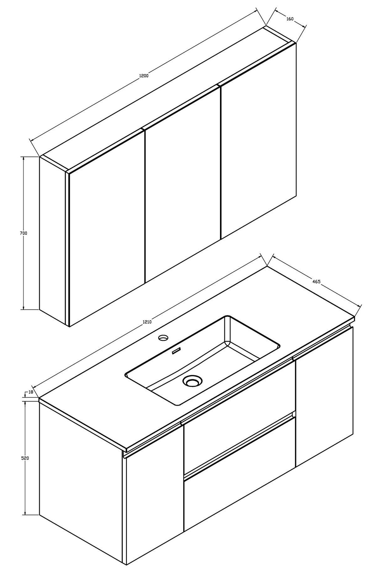 Eau600660 GENUA ONDERKAST + WASTAFEL + SPIEGELKAST 120 CM BETONLOOK